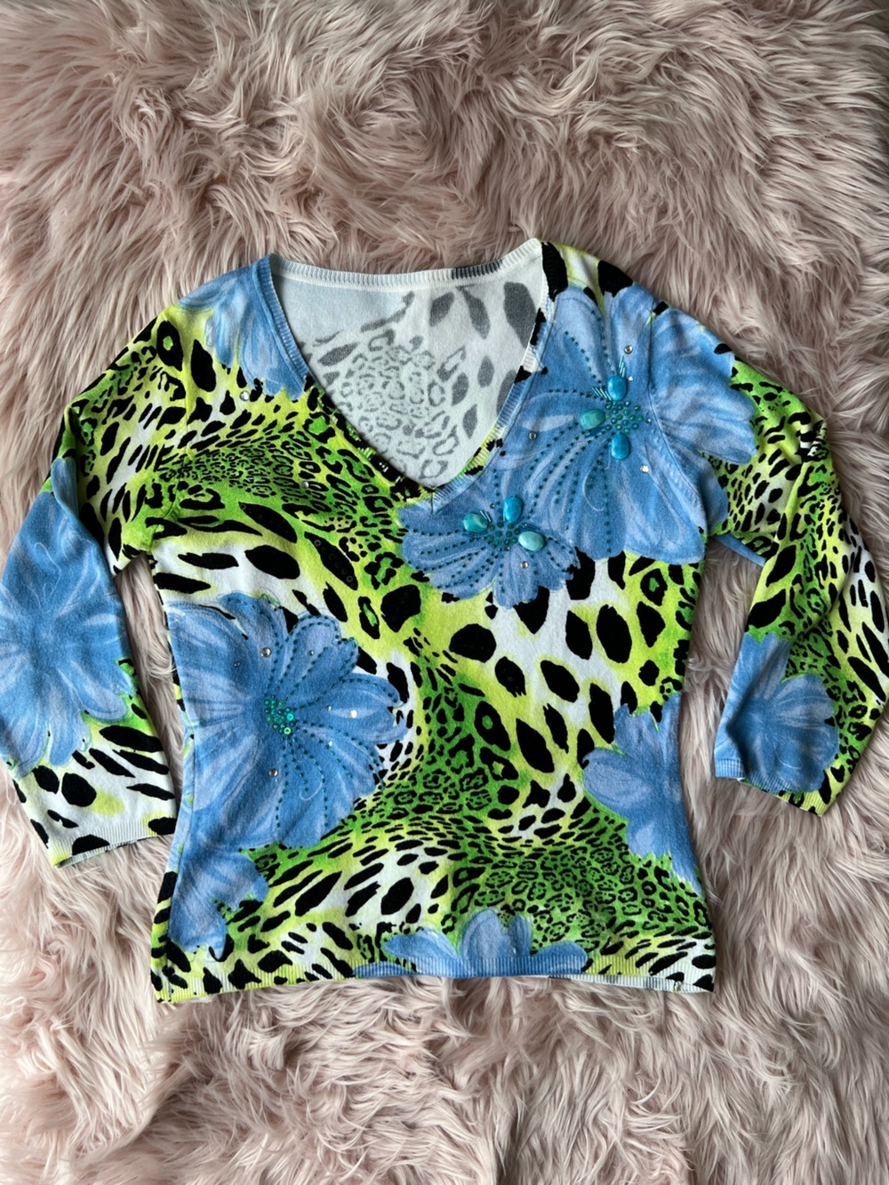 Vintage Women's V-Neck Sweater in Neon Green, Blue & Black Floral Leopard